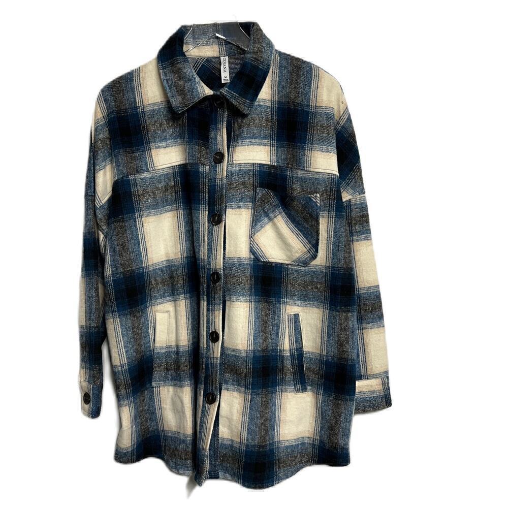Zenana Plaid Oversized Shacket Blue Black Tan Medium